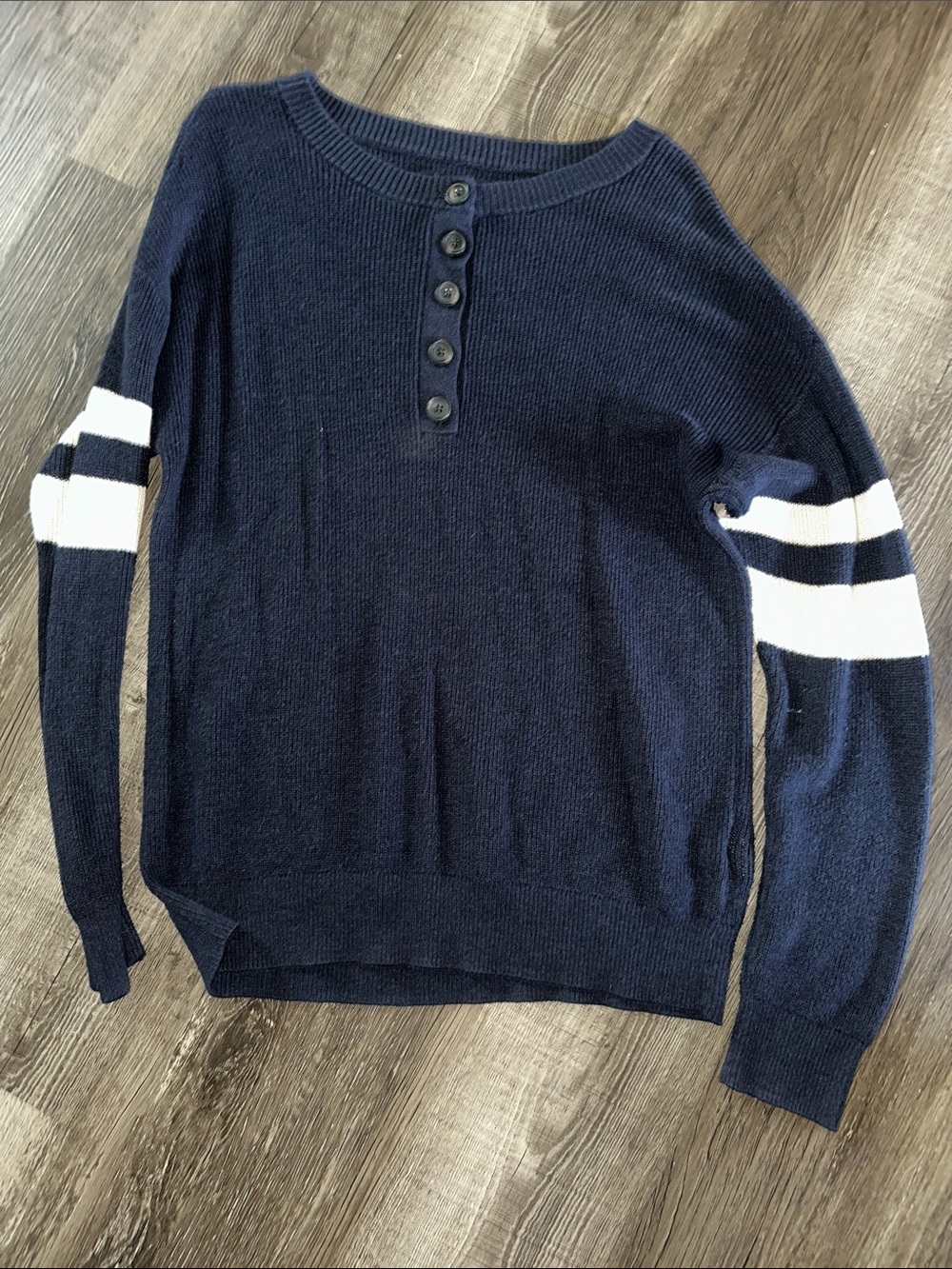 American Eagle Outfitters Navy Crew Sweater with White Sleeve Stripes